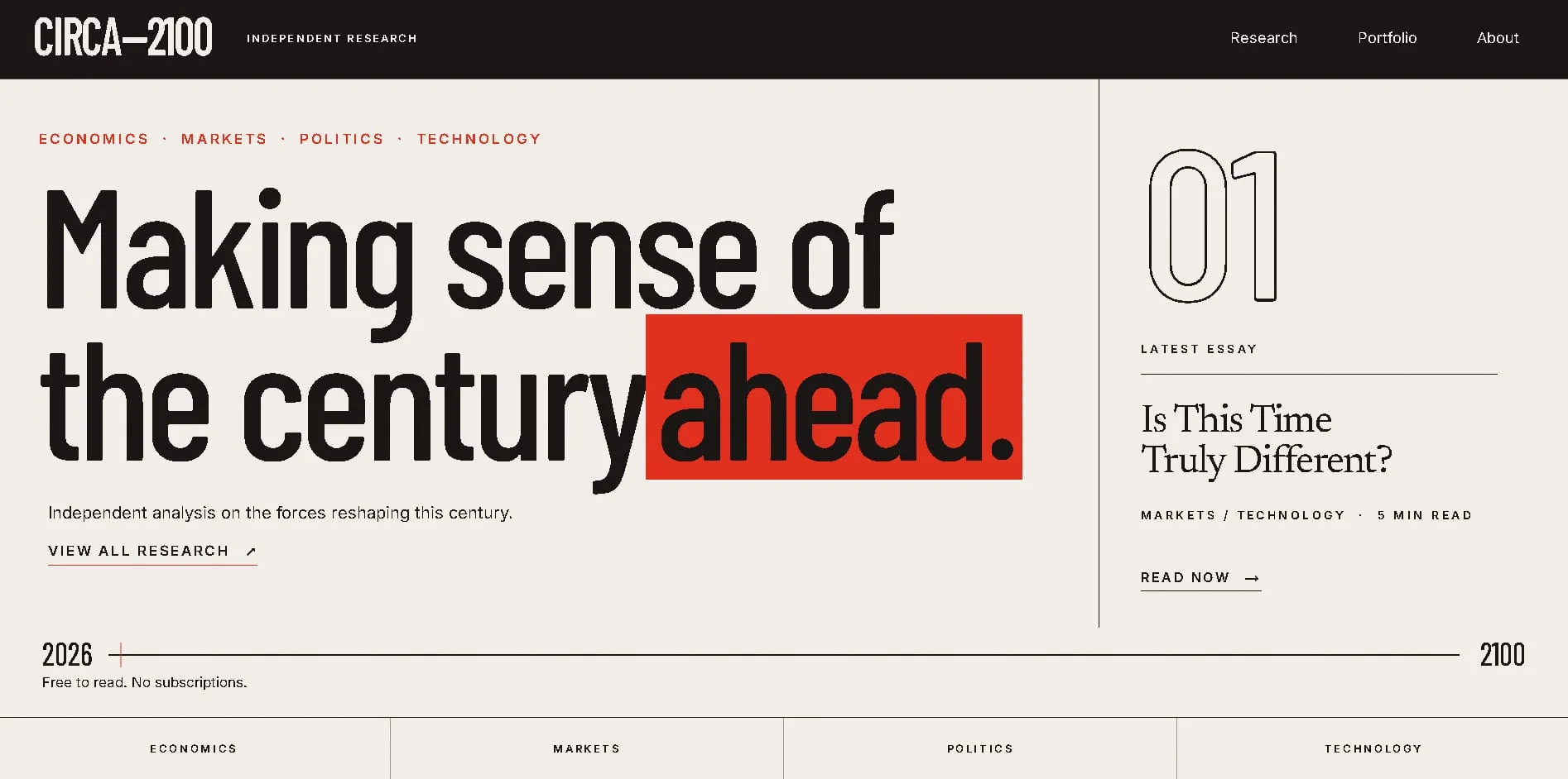 Circa 2100 website homepage with the headline Making sense of the century ahead and a latest essay panel
