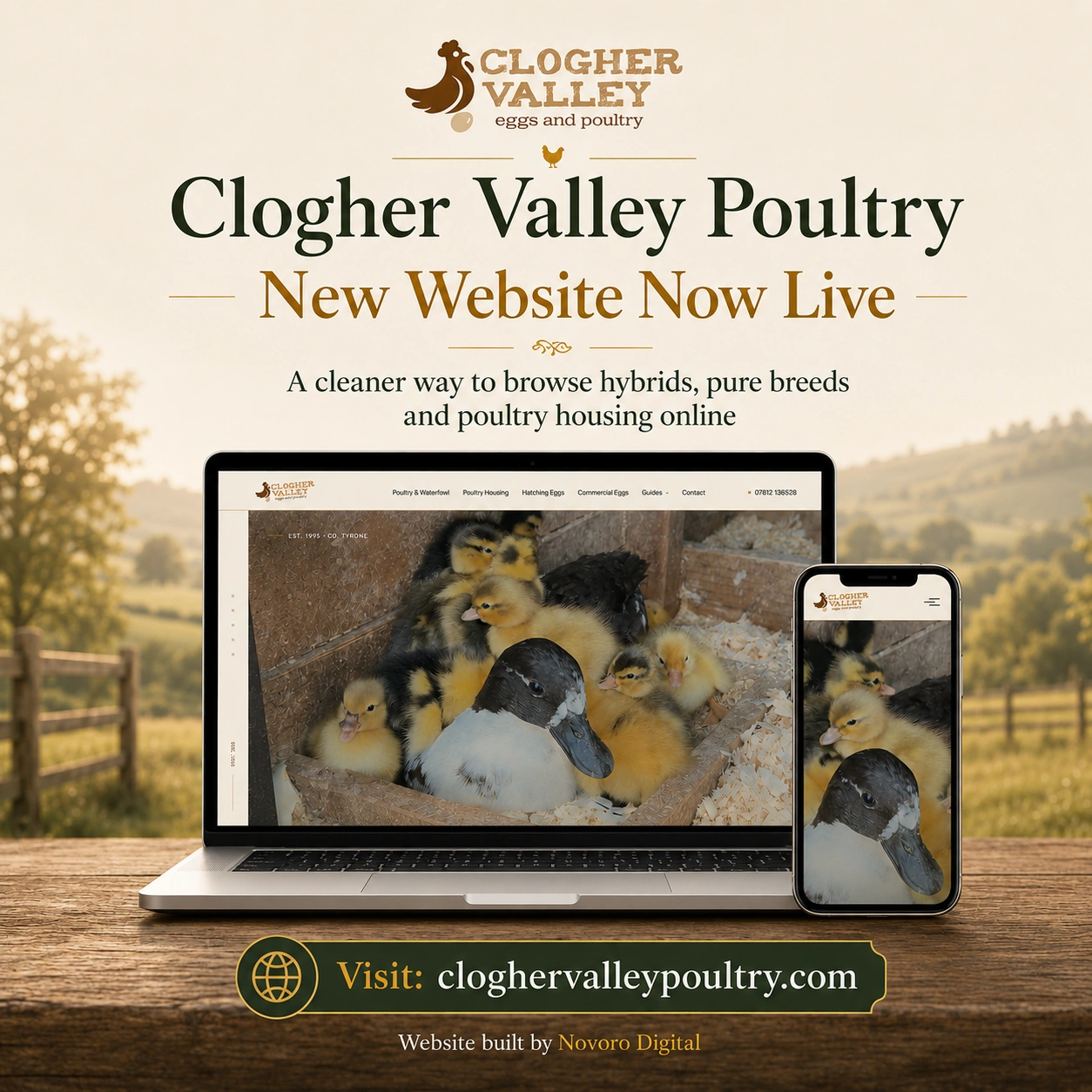Launch graphic created for Clogher Valley Eggs & Poultry — laptop and phone mockups announcing the new website is live