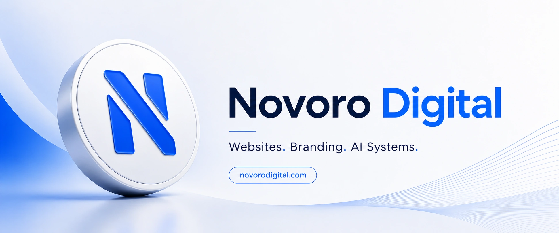 Novoro Digital brand banner — 3D blue N coin logo beside the words "Novoro Digital · Websites. Branding. AI Systems."