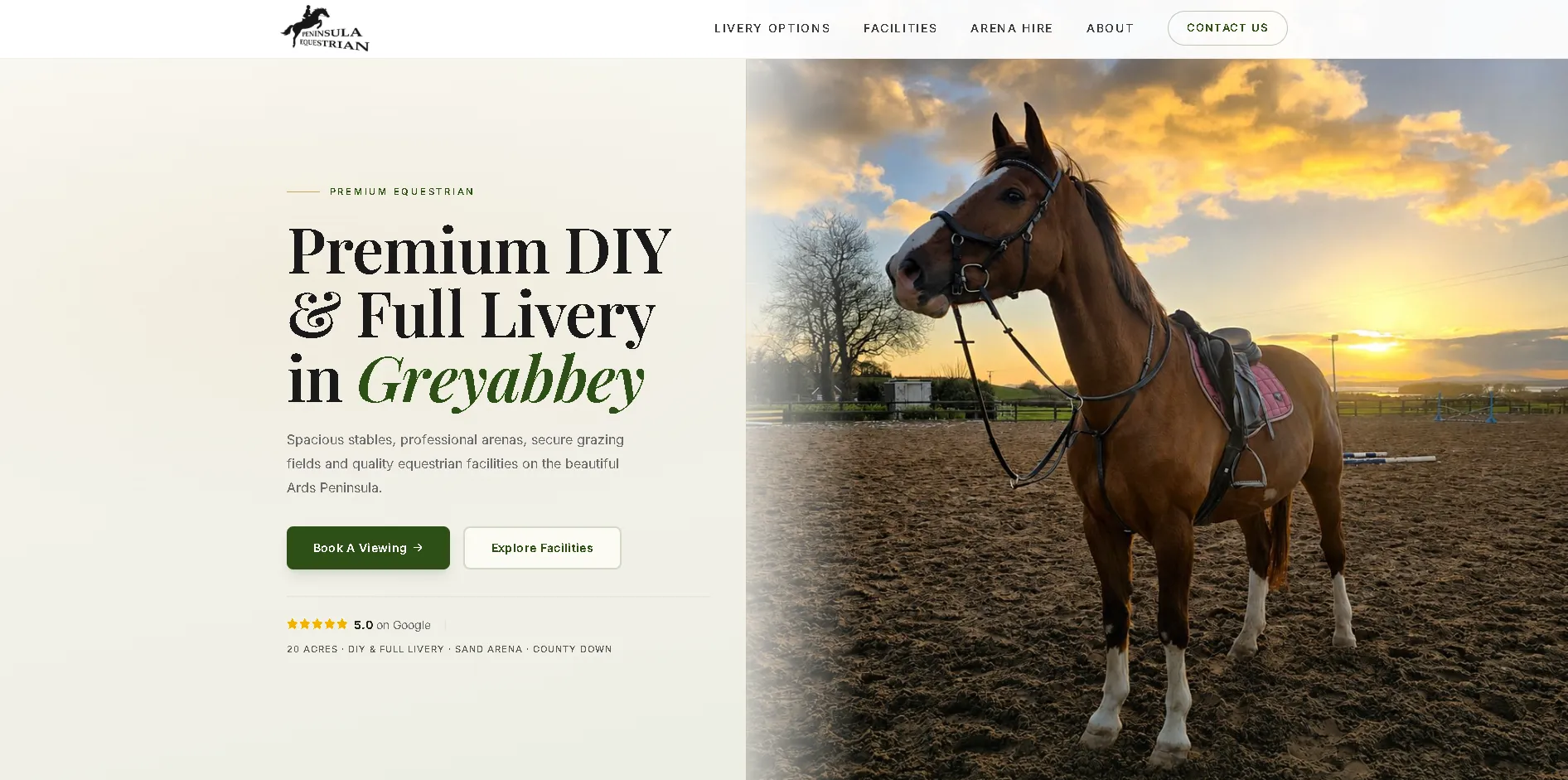 Peninsula Equestrian website homepage - premium DIY and full livery in Greyabbey, County Down