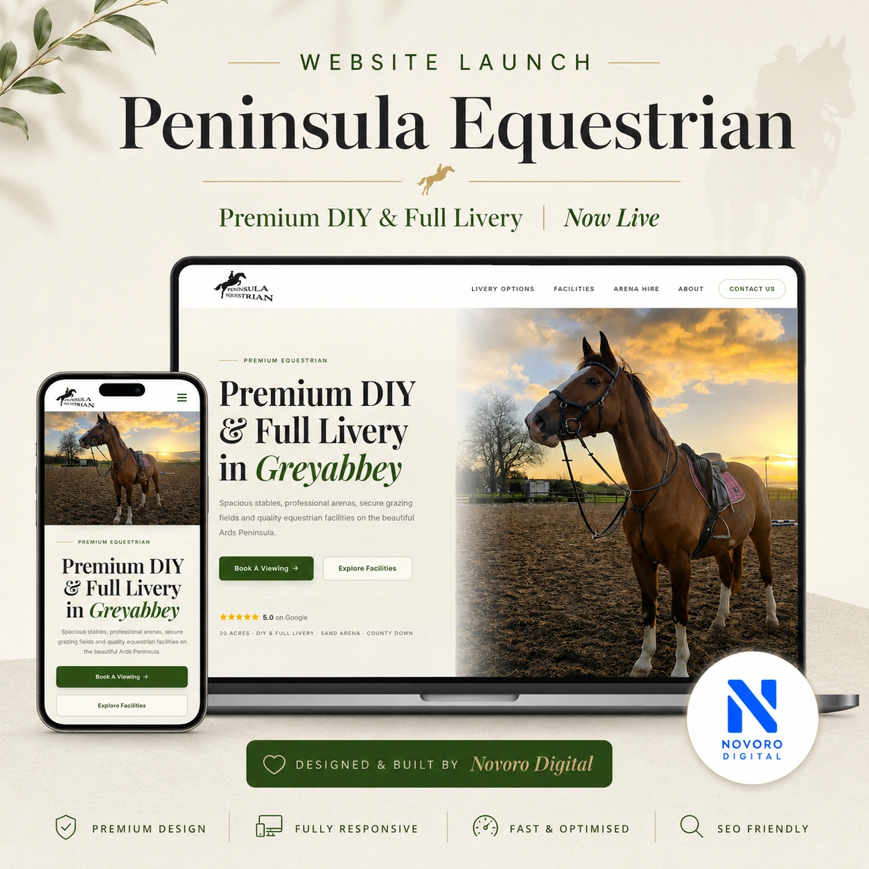 Launch graphic created for Peninsula Equestrian - the announcement "Website Launch: Peninsula Equestrian, Premium DIY & Full Livery, Now Live" above laptop and phone mockups of the new website