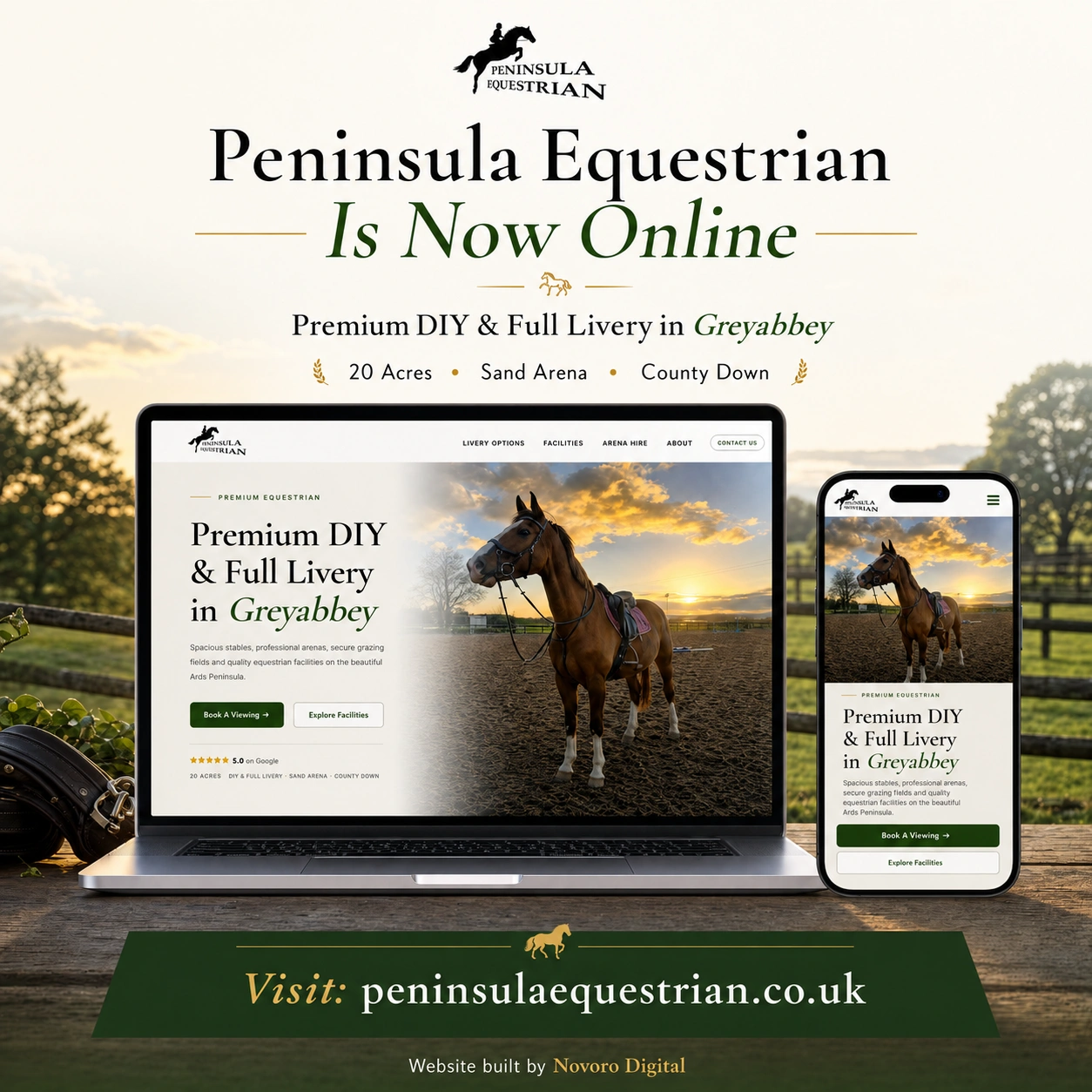 Launch graphic created for Peninsula Equestrian — laptop and phone mockups of the new website above the announcement "Peninsula Equestrian is now online"